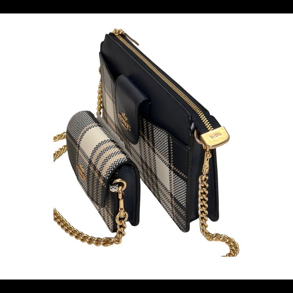 Coach Womens Crossbody Bag With Pouch Coin Bag Chain Strap Poppy Plaid Leather - Picture 7 of 15